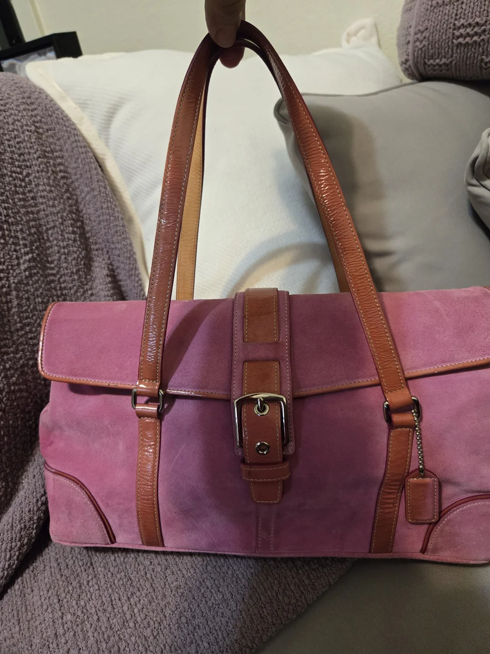 Coach Pink Suede Shoulder Bag with Tan Leather Trim - Picture 10 of 10